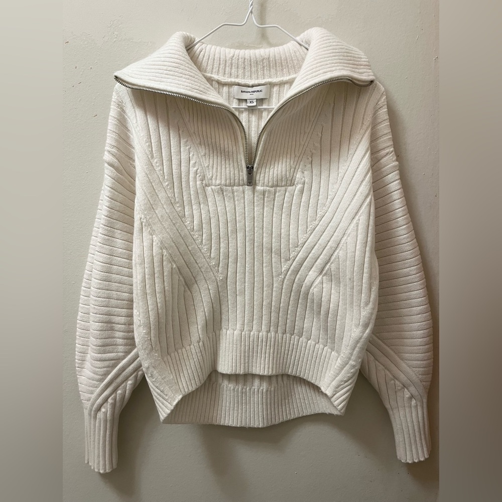 Banana Republic Factory White Ribbed Quarter Zip Sweater (Size XS)